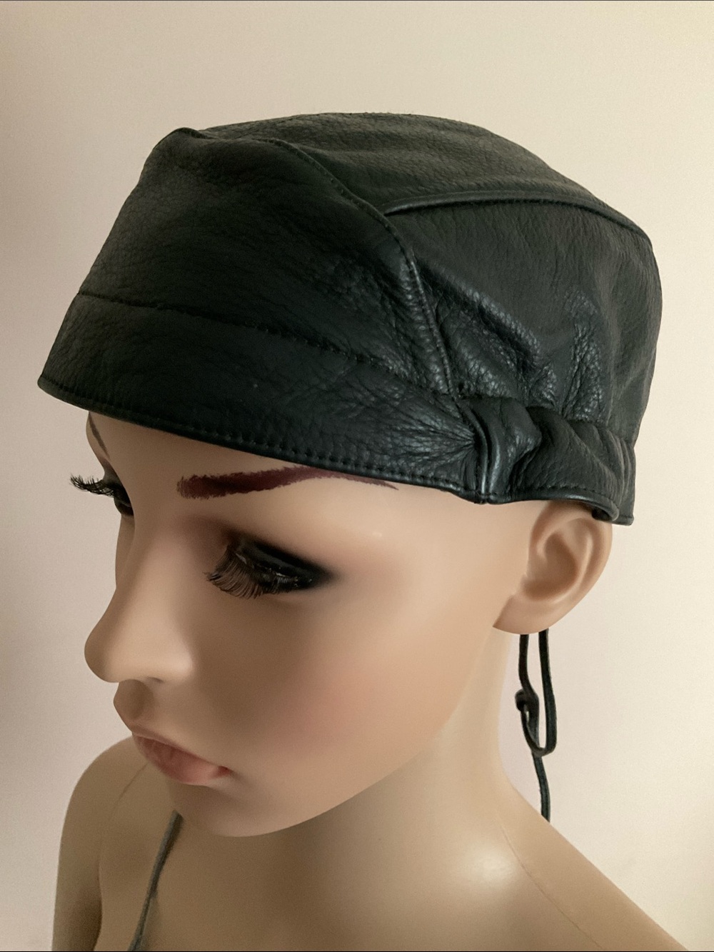Black Leather Biker Skull Cap Beanie Unisex